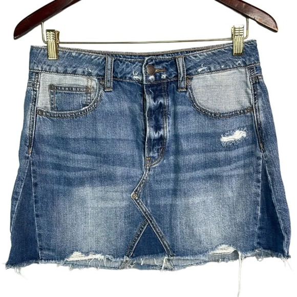 American Eagle Patchwork Skirt Blue Denim Cutoff Distressed Mini Western Boho 6 - Picture 2 of 12